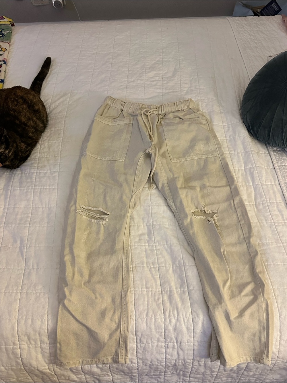 Cream Distressed Drawstring Cargo Joggers